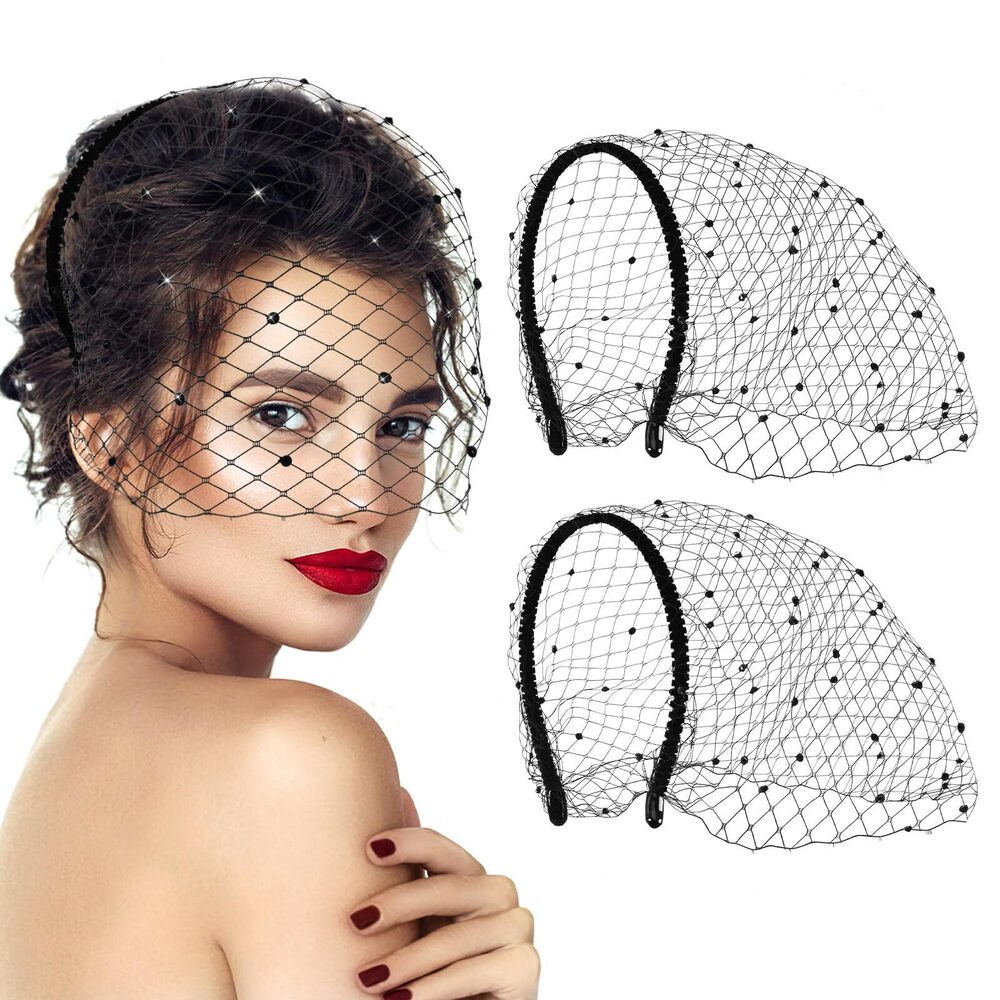 7237 2pcs Black Veil Mesh Headband 1920s Fascinator Headpiece Birdcage
